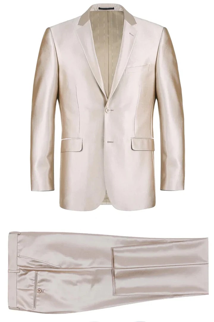 Mens Basic Two Button Slim Fit Suit with Optional Vest in Shiny Champagne Tan Sharkskin - Men's Tuxedo USA