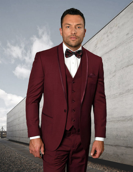 Mens Vested Shawl Lapel Tuxedo With Satin Trim in Burgundy - Men's Tuxedo USA