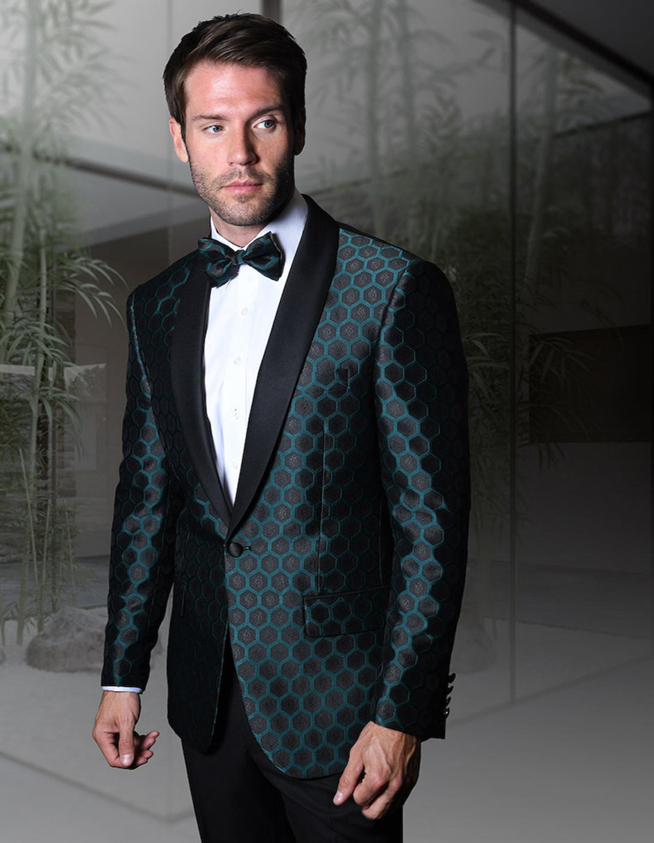 Mens One Button Shawl Tuxedo in Geometric Beehive Print in Green - Men's Tuxedo USA