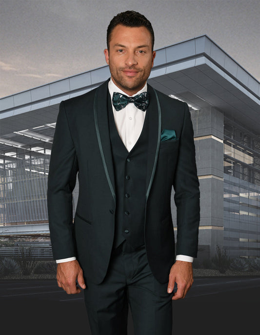 Mens Vested Shawl Lapel Tuxedo With Satin Trim in Hunter Green - Men's Tuxedo USA