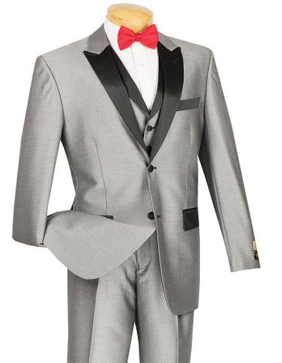 Mens Peak Lapel Sharkskin Vested Tuxedo in Silver - Men's Tuxedo USA