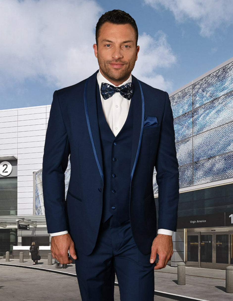 Mens Vested Shawl Lapel Tuxedo With Satin Trim in Sapphire Blue - Men's Tuxedo USA