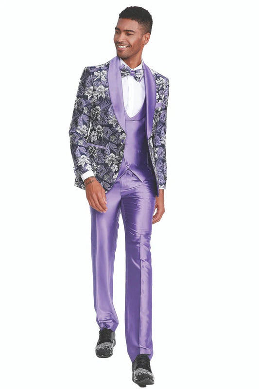 Men's Slim Fit One Button Vested Paisley Shawl Lapel Prom Tuxedo in Purple - Men's Tuxedo USA