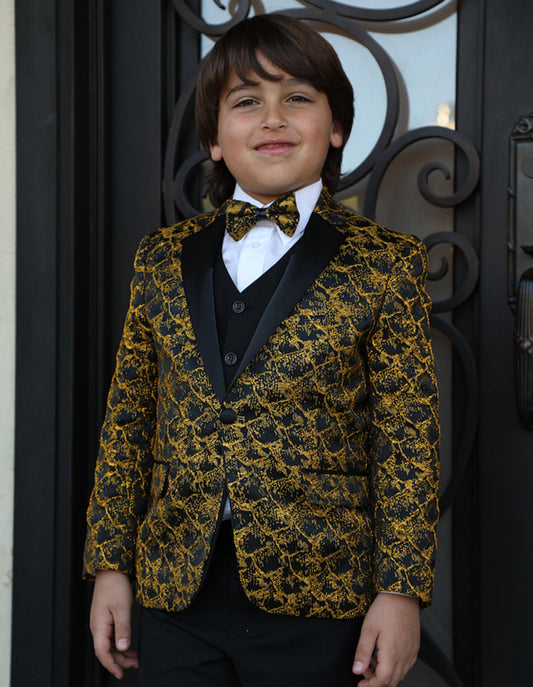 Boys Vested One Button Floral Pattern Tuxedo in Gold