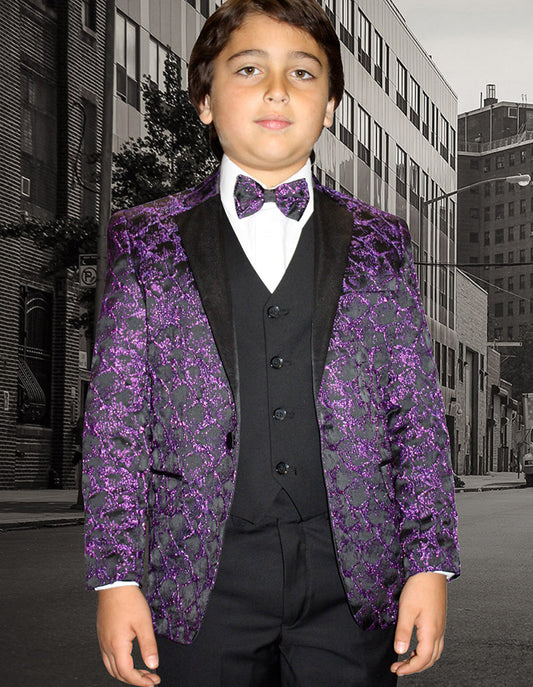 Boys Vested One Button Floral Pattern Tuxedo in Purple - Men's Tuxedo USA