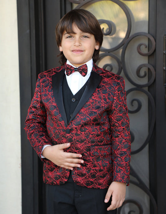 Boys Vested One Button Floral Pattern Tuxedo in Red