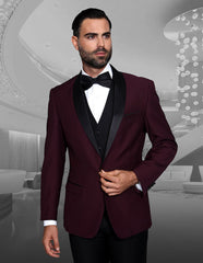 Mens Vested Wool Shawl Lapel Tuxedo in Burgundy - Men's Tuxedo USA