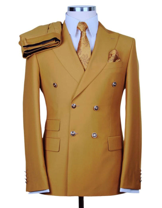 Mens Designer Modern Fit Double Breasted Wool Suit with Gold Buttons in Khaki - Men's Tuxedo USA