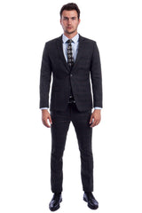 Men's Two Button Vested Skinny Fit Suit With Low Cut Vest In Black Plaid - Men's Tuxedo USA