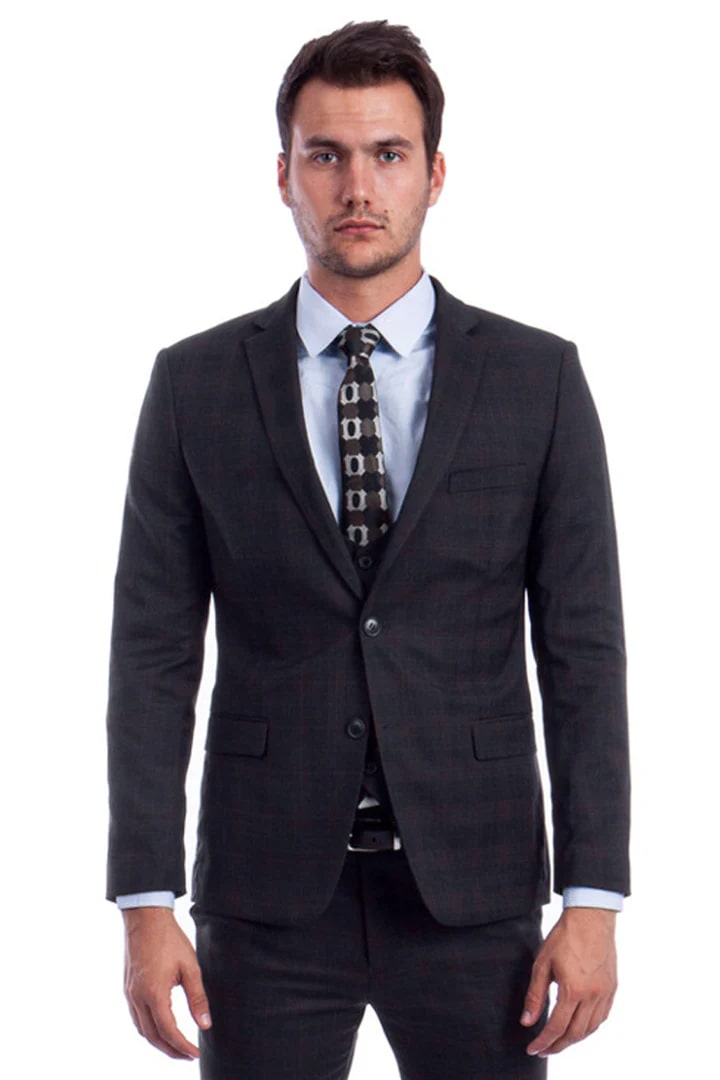 Men's Two Button Vested Skinny Fit Suit With Low Cut Vest In Black Plaid - Men's Tuxedo USA