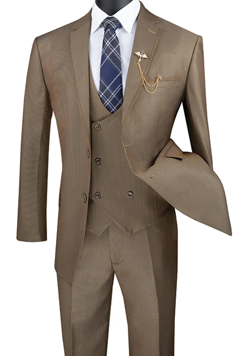 Men's Modern Fit Tuxedo Suit with Double Breasted Vest and Satin Trim in Khaki - Men's Tuxedo USA