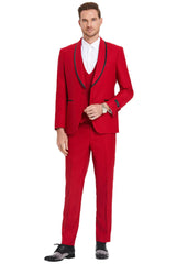 Men's One Button Vested Shawl Tuxedo In Red Birdseye With Black Satin Trim - Men's Tuxedo USA