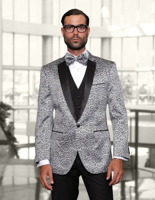 Mens Vested Swirl Patter Notch Lapel Tuxedo in Silver Grey - Men's Tuxedo USA