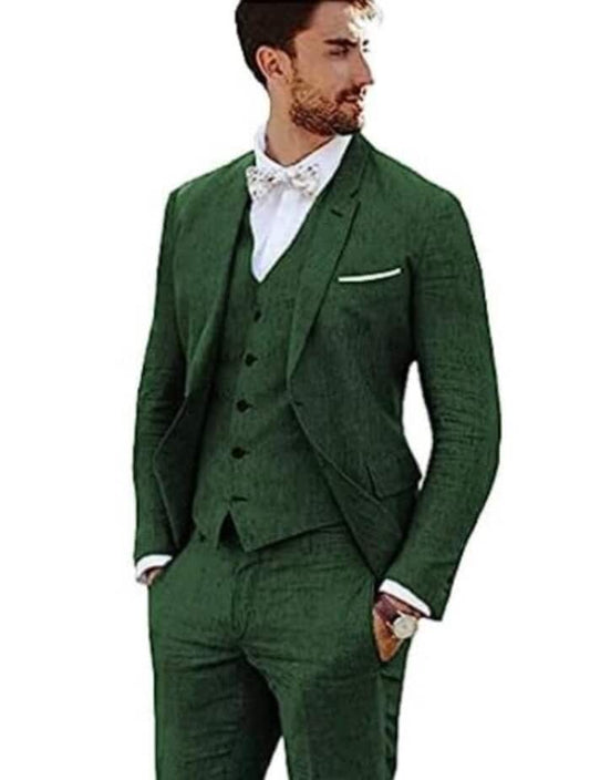 Linen Suit - Mens Summer Suits Dark Green Color - Beach Wedding - Men's Tuxedo USA