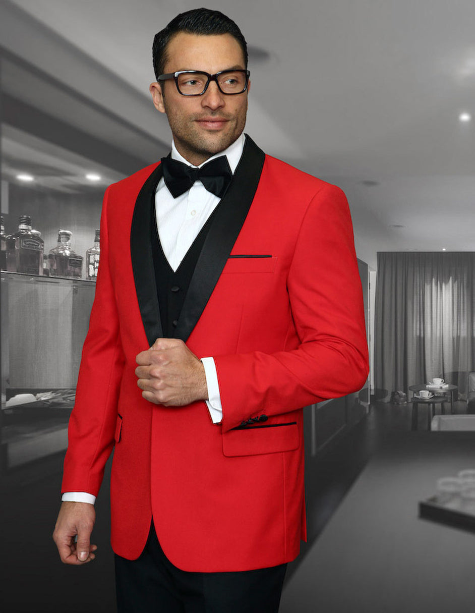 Mens Vested Wool Shawl Lapel Tuxedo in Red - Men's Tuxedo USA