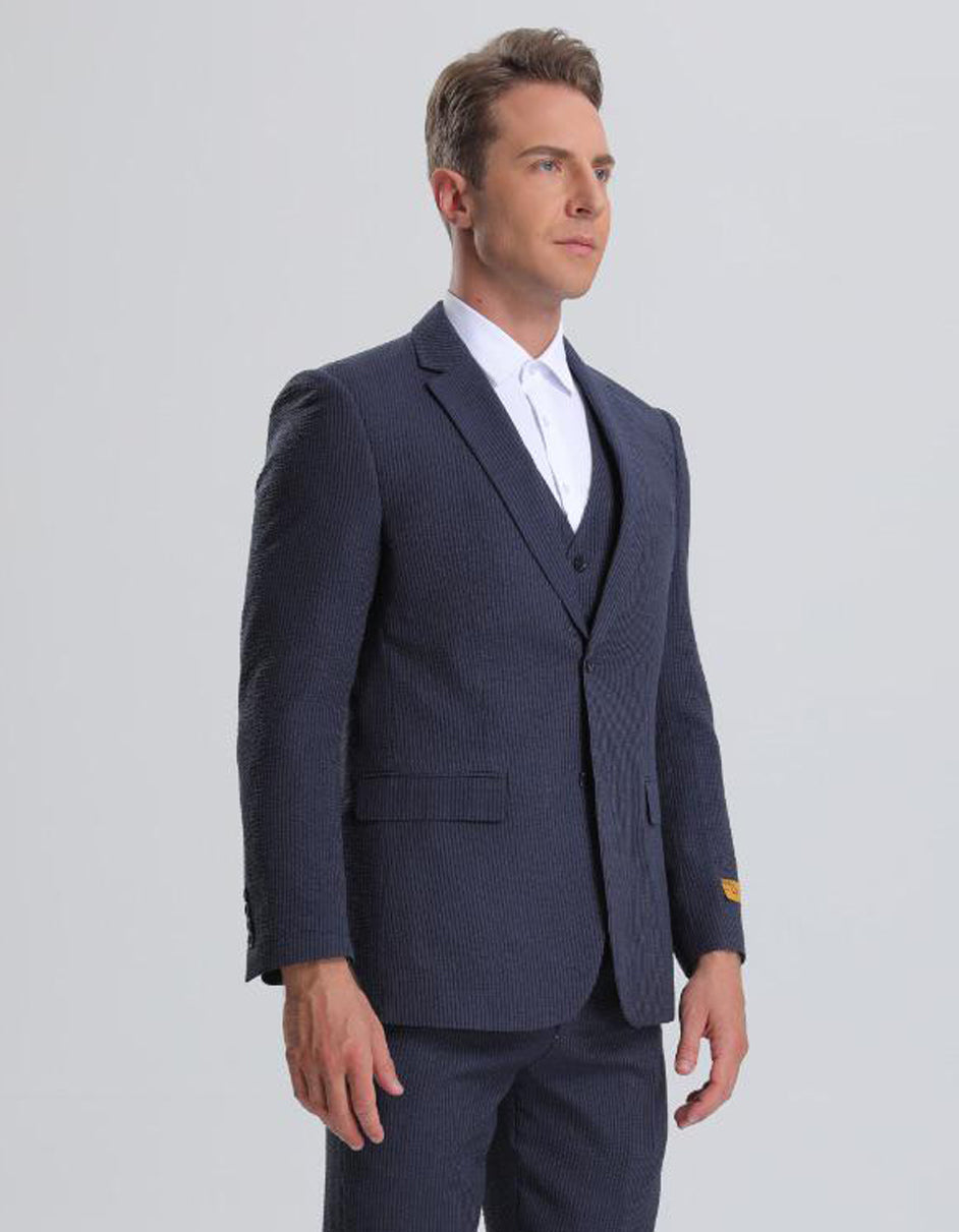 Mens Vested Summer Seersucker Suit in Navy on Navy Pinstripe - Men's Tuxedo USA