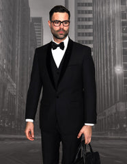 Mens Vested Wool Tuxedo with Velvet Shawl Lapel in Black - Men's Tuxedo USA