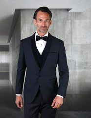 Mens Vested Wool Tuxedo with Velvet Shawl Lapel in Navy - Men's Tuxedo USA