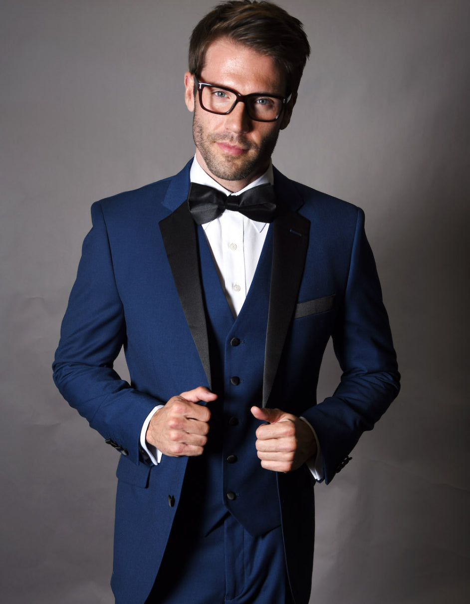 Mens 2 Button Modern Fit Vested Wool Tuxedo in Sapphire Blue - Men's Tuxedo USA