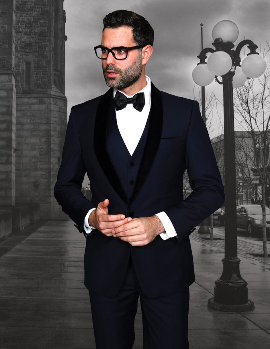 Mens Vested Wool Tuxedo with Velvet Shawl Lapel in Dark Navy - Men's Tuxedo USA