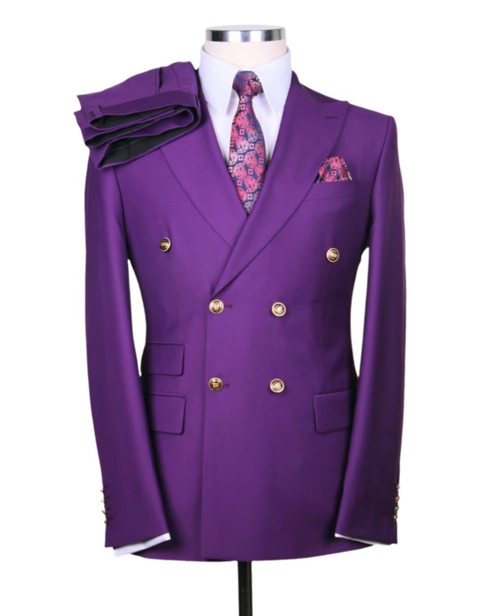 Mens Designer Modern Fit Double Breasted Wool Suit with Gold Buttons in Purple - Men's Tuxedo USA