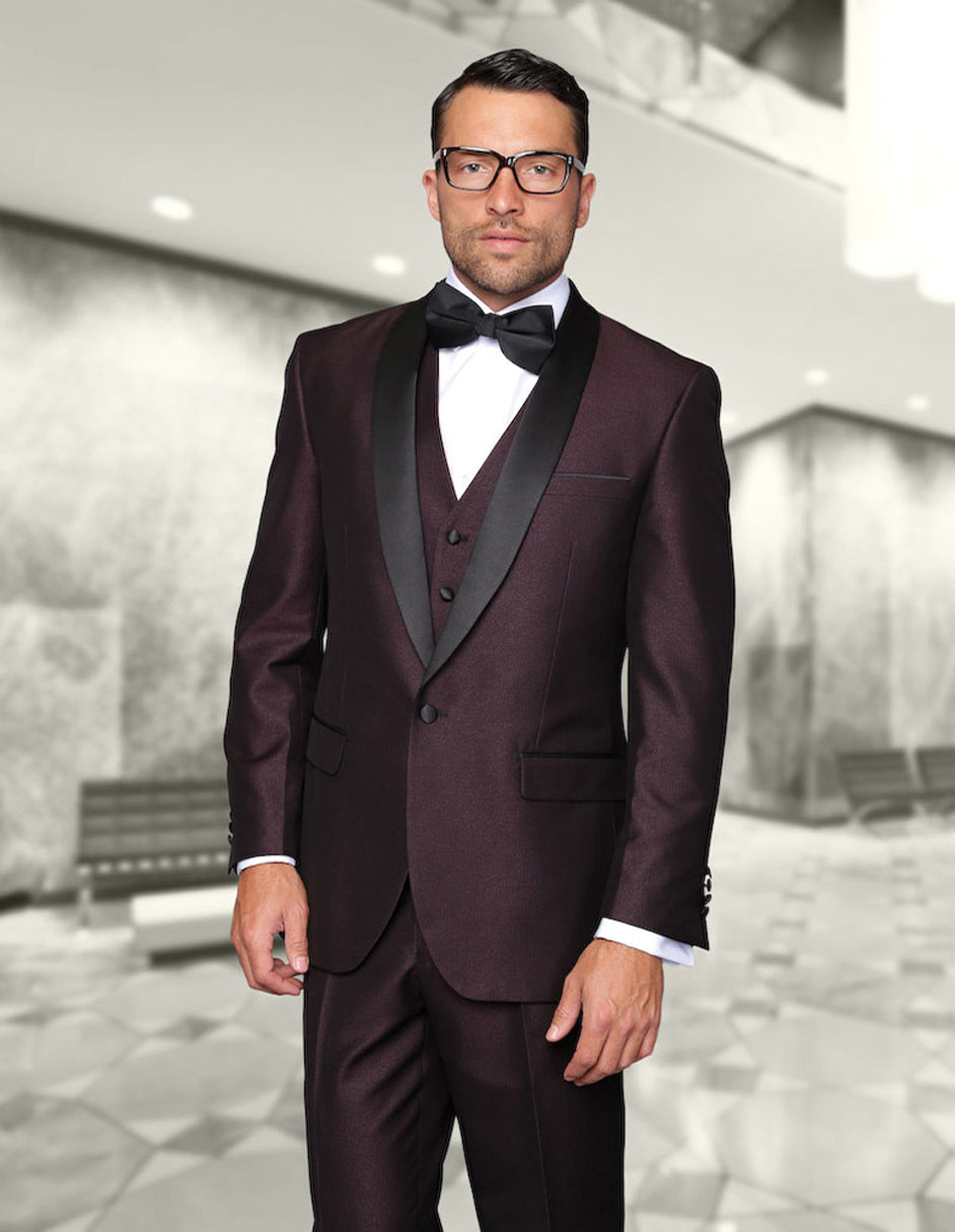 Mens Vested One Button Shiny Shawl Lapel Tuxedo in Burgundy - Men's Tuxedo USA