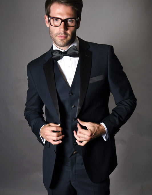 Mens 2 Button Modern Fit Vested Wool Tuxedo in Navy Blue - Mens Slim Fitted Tuxedo - Men's Tuxedo USA