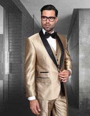 Mens Vested One Button Shiny Sharkskin Shawl Lapel Tuxedo in Gold - Men's Tuxedo USA