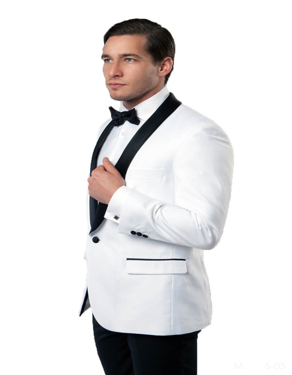 Mens 1 Button Shawl Lapel Dinner Jacket in White with Black Lapels - Men's Tuxedo USA