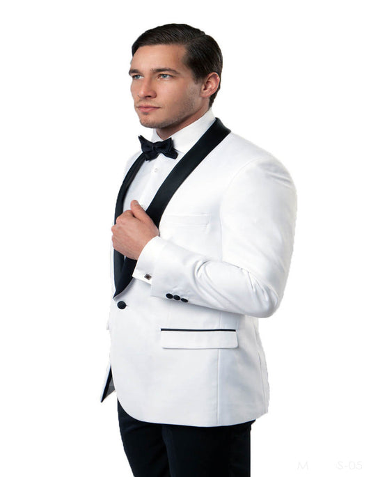 Mens 1 Button Shawl Lapel Dinner Jacket in White with Black Lapels - Men's Tuxedo USA