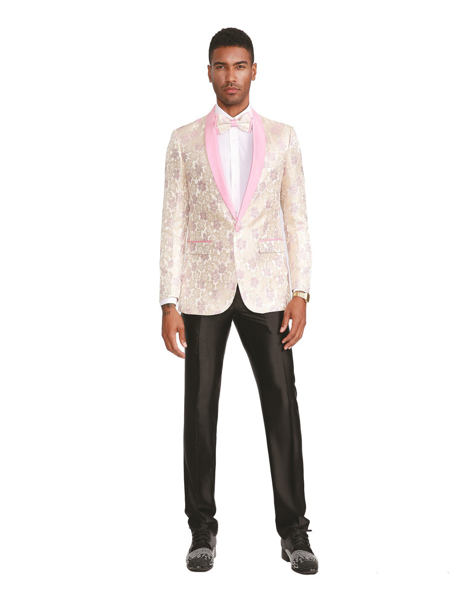 Mens Slim Fit Prom Tuxedo Jacket in Light Gold with Pink Lapel - Men's Tuxedo USA