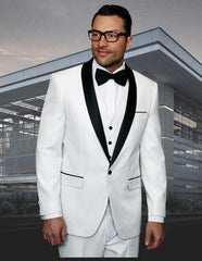 Mens Vested One Button Shiny Sharkskin Shawl Lapel Tuxedo in White - Men's Tuxedo USA