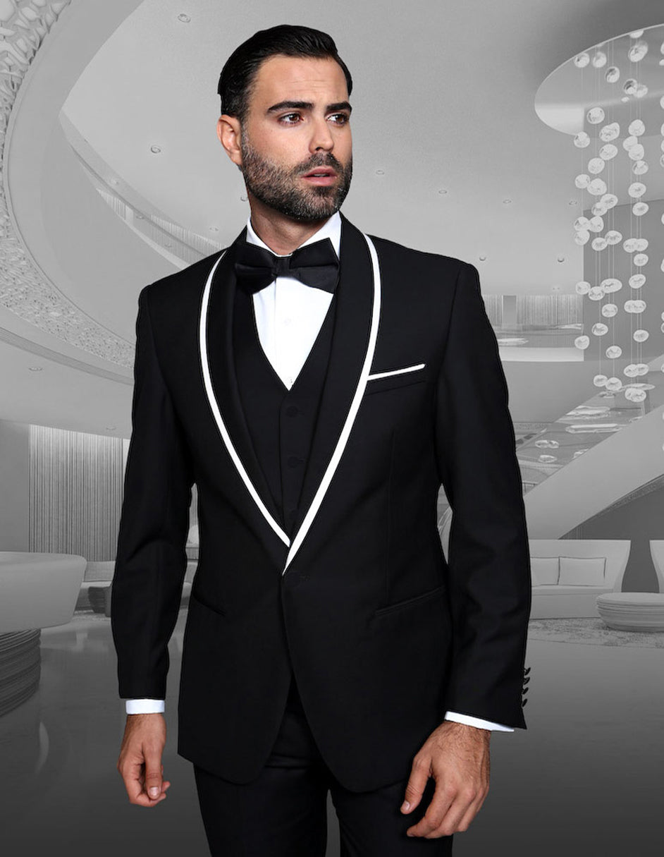 Mens Vested Wool Tuxedo in Shawl Lapel with Satin Trim in Black - Men's Tuxedo USA