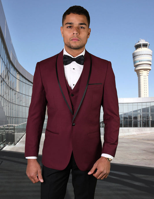 Mens Vested Wool Tuxedo in Shawl Lapel with Satin Trim in Burgundy & Black - Men's Tuxedo USA