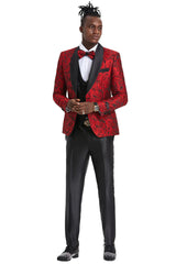 Men's One Button Slim Fit Shiny Paisely Floral Vested  Prom Tuxedo In Red - Men's Tuxedo USA