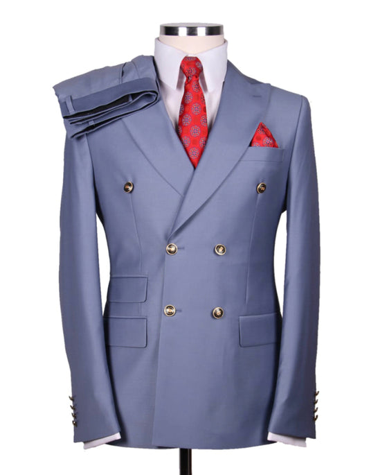 Mens Designer Modern Fit Double Breasted Wool Suit with Gold Buttons in Tiffany Blue - Men's Tuxedo USA