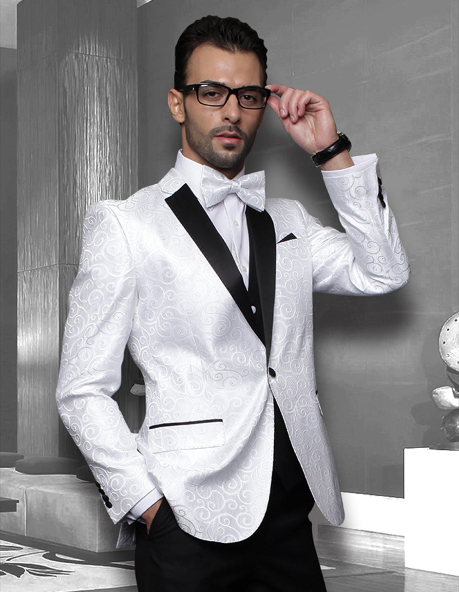 Mens Vested Swirl Patter Notch Lapel Tuxedo in White - Men's Tuxedo USA