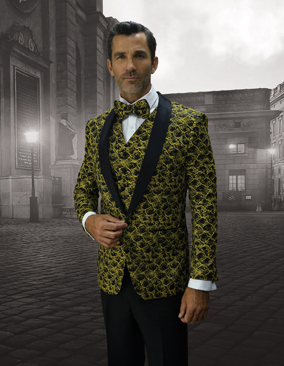 Mens Vested Floar Pattern Shawl Lapel Tuxedo in Gold - Men's Tuxedo USA