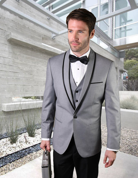 Mens Vested Wool Tuxedo in Shawl Lapel with Satin Trim in Grey & Black - Men's Tuxedo USA