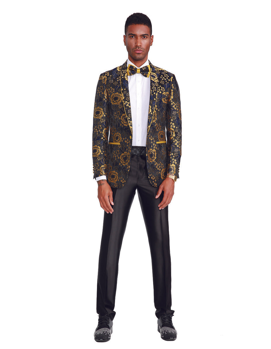 Mens Slim Fit Shawl Prom Blazer in Gold Flower Print - Men's Tuxedo USA