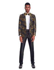 Mens Slim Fit Shawl Prom Blazer in Gold Flower Print - Men's Tuxedo USA