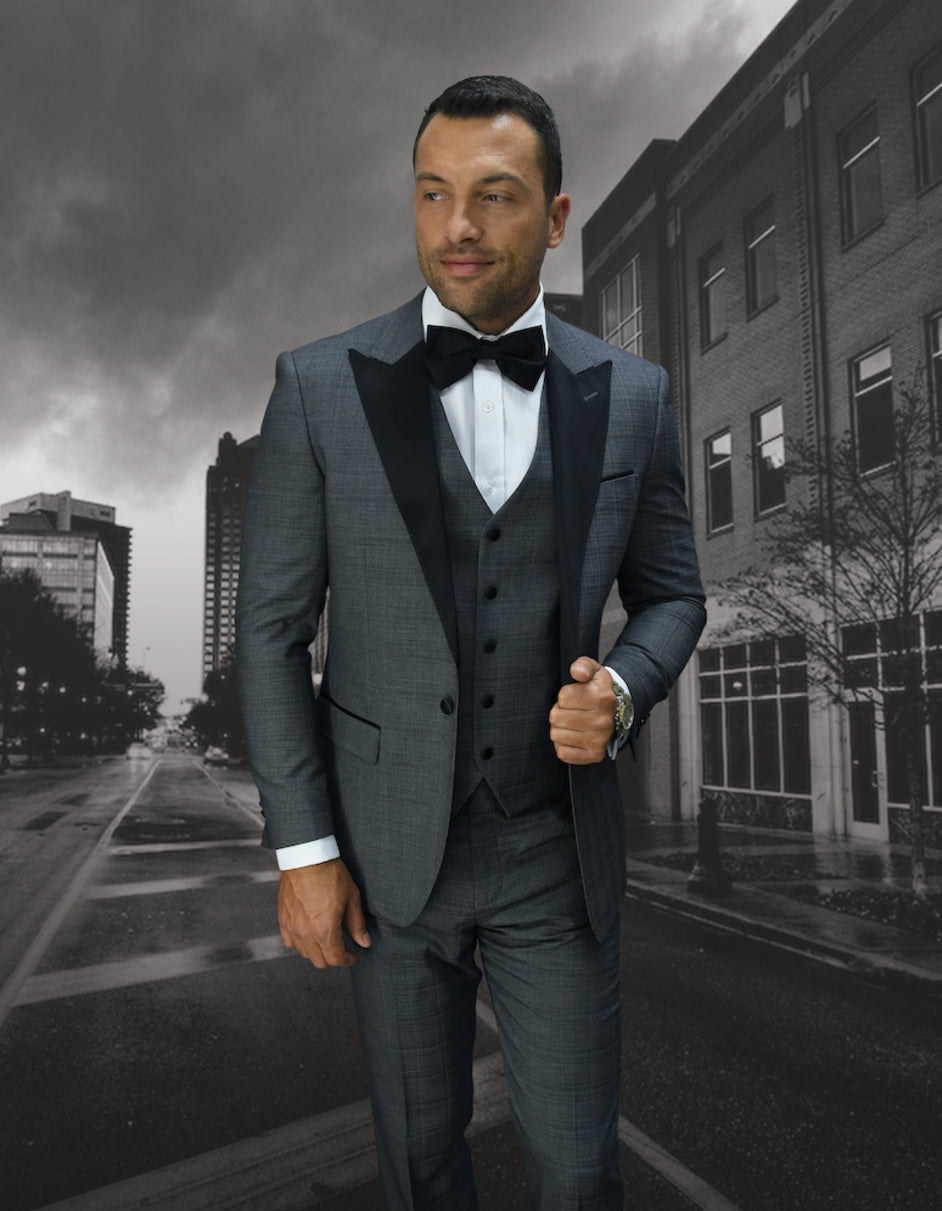 Mens 1 Button Peak Lapel Vested Wool Tuxedo in Grey - Men's Tuxedo USA