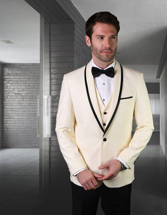 Mens Vested Wool Tuxedo in Shawl Lapel with Satin Trim in Ivory & Black - Men's Tuxedo USA