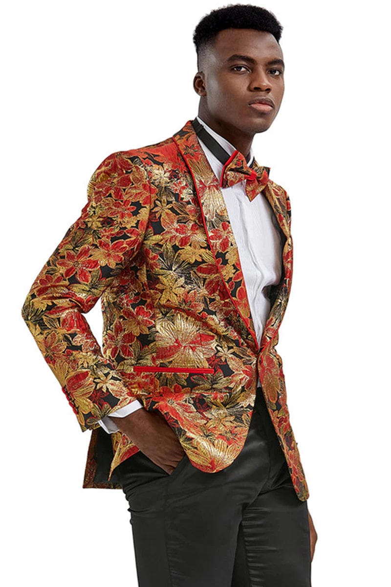 Men's Slim Fit Paisely Prom Tuxedo Jacket In Red & Gold - Men's Tuxedo USA