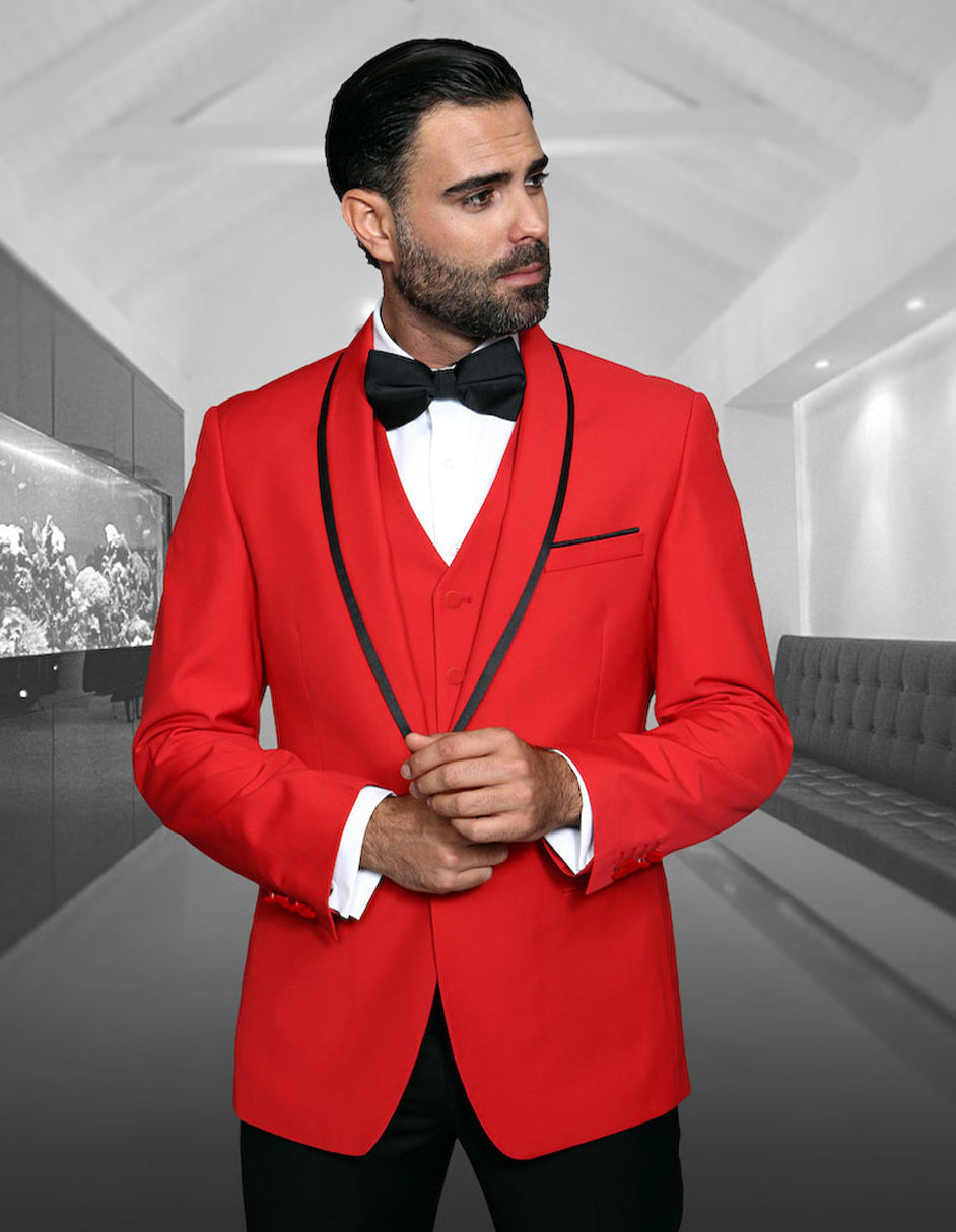 Mens Vested Wool Tuxedo in Shawl Lapel with Satin Trim in Red & Black - Men's Tuxedo USA