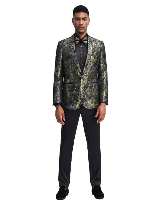 Mens Slim Fit Mettalic Floral Print Prom Blazer in Gold - Men's Tuxedo USA