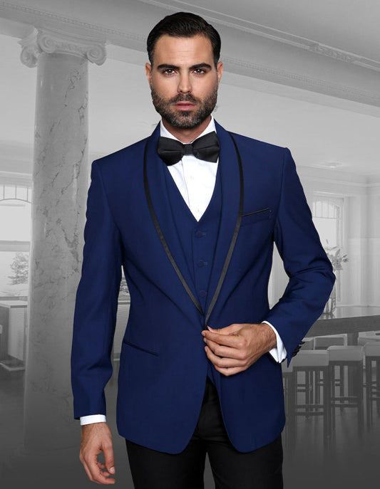 Mens Vested Wool Tuxedo in Shawl Lapel with Satin Trim in Sapphire Blue & Black - Men's Tuxedo USA