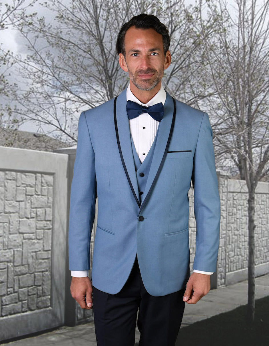 Mens Vested Wool Tuxedo in Shawl Lapel with Satin Trim in Steel Blue & Black - Men's Tuxedo USA