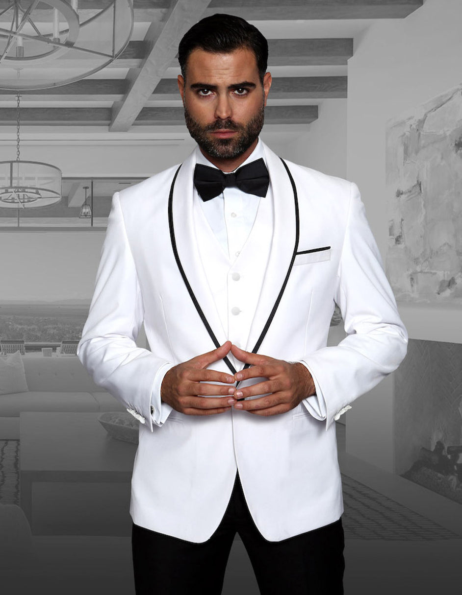 Mens Vested Wool Tuxedo in Shawl Lapel with Satin Trim in White & Black - Men's Tuxedo USA