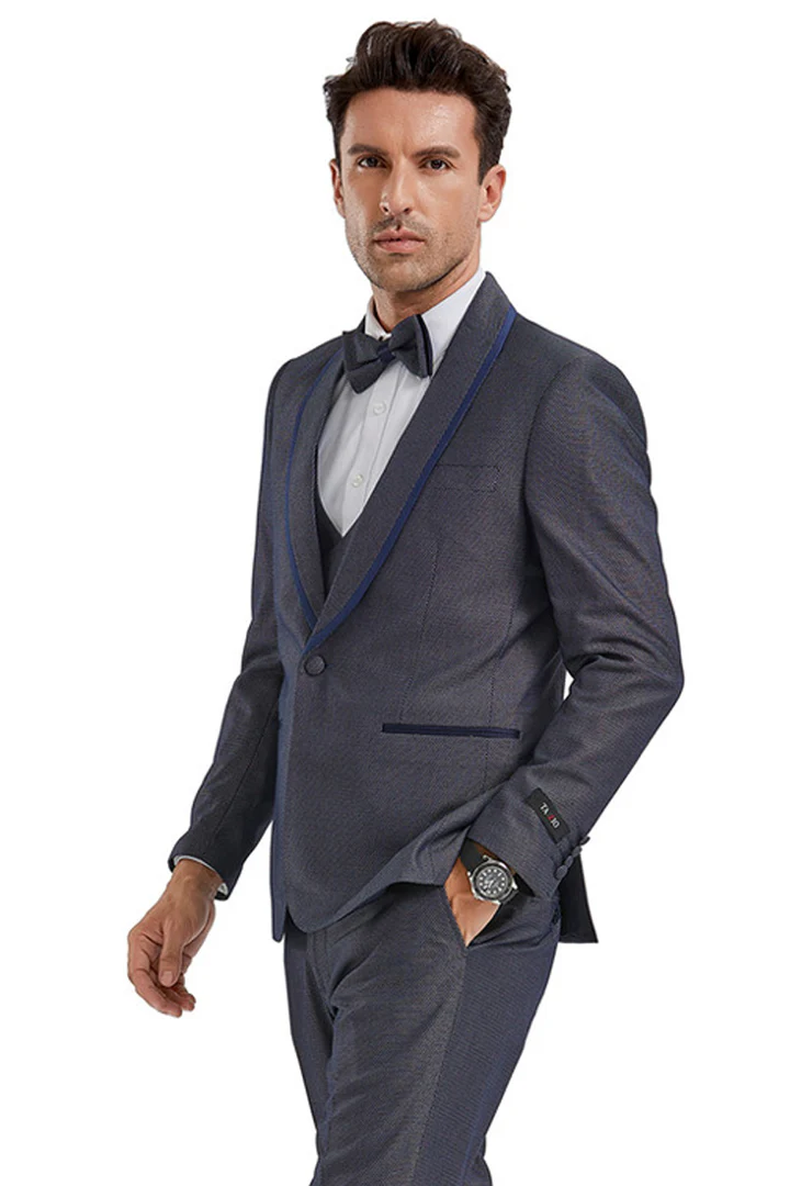 Mens Gray Tuxedo - Grey Wedding Suit-Mens One Button  Vested Shawl Lapel Tuxedo In Grey Birdseye With Blue Trim - Men's Tuxedo USA